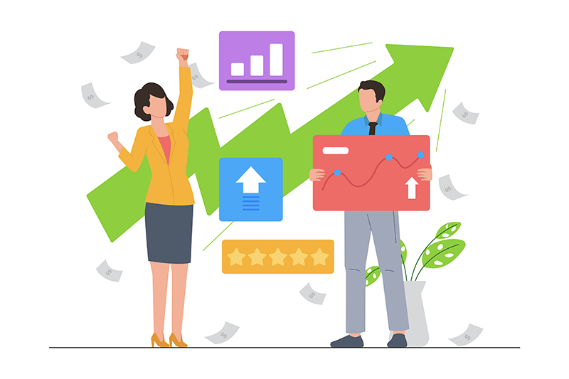 Two people celebrating their financial success and increased revenue due to their SEO triumph and expanding online presence, marked by positive reviews and a higher conversion rate